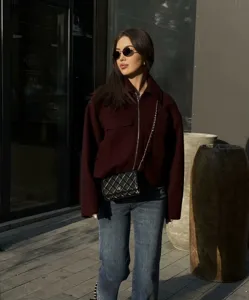 Street fashion wool lapel pocket jacket coat for women, stylish autumn winter outerwear piece.