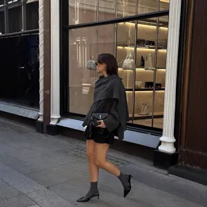 Women's grey asymmetric short scarf knit coat stylish autumn winter outerwear apparel