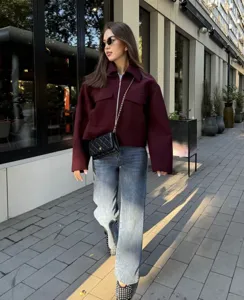 Women cropped wool blend jacket lapel pocket outerwear stylish street fashion winter coat