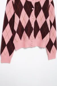 Close-up detail van het roze en bruine argyle gebreide vest met knopen aan de voorkant.