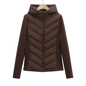 Brown quilted hooded jacket detail view, slim fit lightweight outerwear with zipper closure.