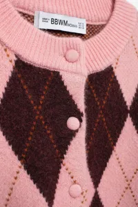 Detail van roze argyle gebreid damesvest met ronde hals en knopen aan de voorkant getoond.