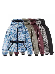 Women's winter hooded thickened down jacket, stylish waist-cinching ski coat with belt, multi-color.