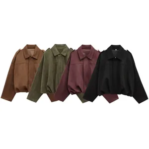 Detailed view of women's suede bomber jacket in four chic colors, soft fabric and lapel.