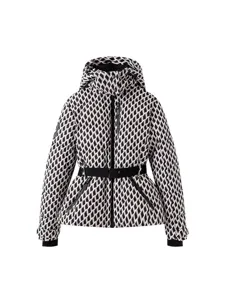 Women winter hooded ski jacket slim fit warm puffer coat with belt black white geometric pattern