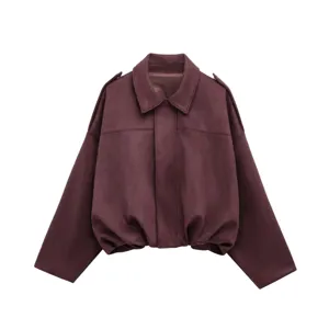 Burgundy suede bomber jacket detailed view, stylish collar and gathered hem design.