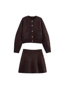 Women Knitwear Top And Bottom Set Long Sleeve Single Breasted Cardigan And A-Line Skirt Casual Polyester Outfit