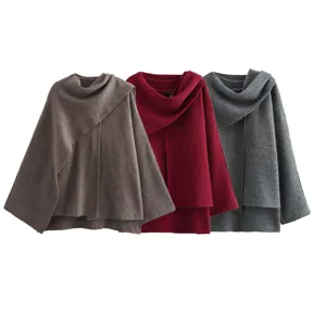 Women autumn winter asymmetrical knit coat scarf collar short outerwear wholesale fashion style