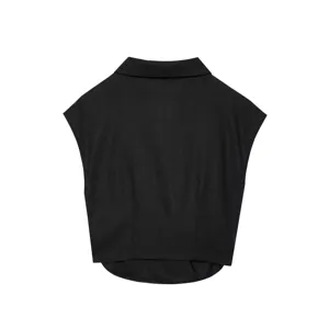Black linen crop top detail, collar design, premium summer sleeveless garment texture.