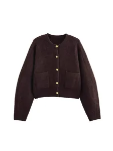 Dark brown knit cardigan for women featuring a round neck, front pockets, and chic gold buttons.