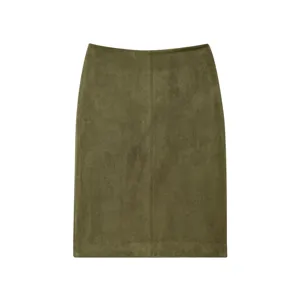 Detailed view of an olive green suede skirt featuring a soft texture and clean center seam design.