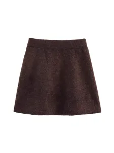 Chic dark brown knit mini skirt with a high waist and cozy fuzzy texture for women.