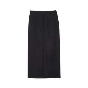Black midi skirt detailed view showcasing clean straight silhouette and fabric texture.