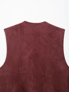 Women's casual burgundy suede texture vest back detail, elegant sleeveless top for daily wear.