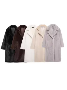 Women Casual Loose Lapel Faux Fur Long Coat Winter Warm Long Sleeve Single Breasted Jacket Outerwear