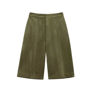 Olive green suede wide leg shorts detail, high waist casual culottes for women early spring.