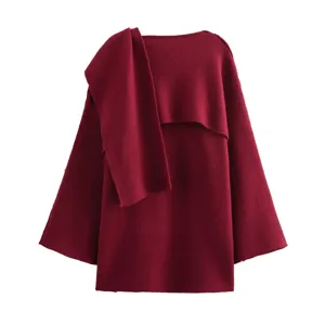 Women winter asymmetric scarf knit coat, elegant burgundy draped outerwear, fashion warm sweater.