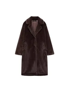 Women winter long faux fur coat casual lapel loose single button dark brown outerwear