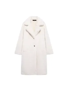 Women long faux fur coat elegant winter loose outerwear casual warm suit collar jacket white