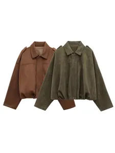 Women's casual suede bomber jacket fashion long sleeve lapel outerwear solid color stylish