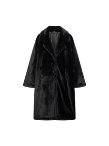 Women Black Fux Fur Long Coat Oversized Lapel Collar Plush Winter Outerwear Main View