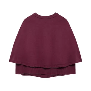 Women's knit cape sweater, casual crew neck short shawl coat with layered design in burgundy.