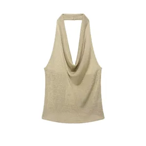 Gold metallic halter knit top detail, sleeveless cowl neck summer fashion apparel.