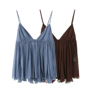 French style summer spaghetti strap camisole, chic V-neck ruffle hem top for women daily.