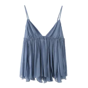 Detailed view of the blue camisole showing the delicate pleated ruffles and spaghetti straps.