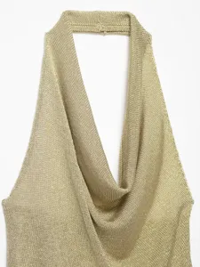 Gold metallic halter top, knit sleeveless cowl neck summer camisole top detail view.
