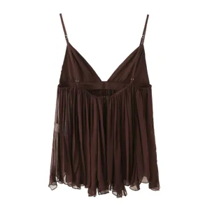 Close-up detail of the deep brown camisole featuring delicate ruffled hem and fine straps.