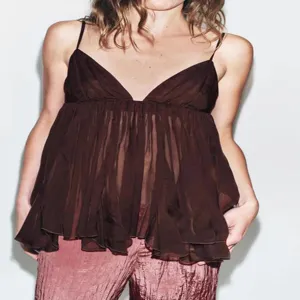 Brown sheer spaghetti strap camisole top with ruffled hem summer chic fashion women wear