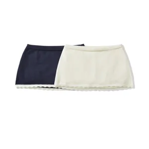 Close up of knitted skirt detail, ribbed elastic waistband and cute wavy hem design.