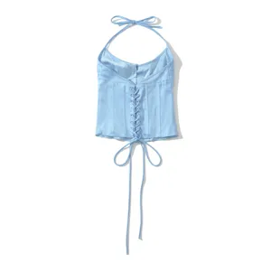 Lichtblauwe satijnen corset top, sexy halter rug vetersluiting crop top zomer mode dameskleding.