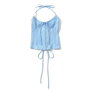 Blauwe satijnen halter korset top met striksluiting aan de voorkant en metalen knopen.