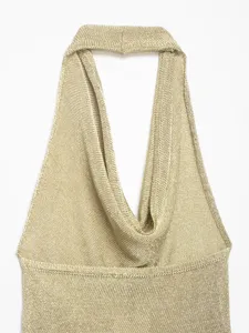 Metallic thread halter top detail showing fine knit texture and elegant cowl neckline.