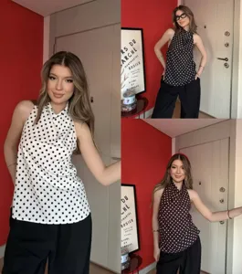 Top sin mangas con cuello halter de lunares estilo vintage francés, moda elegante.