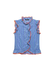 Women's Fashion Casual Blue Striped Contrast Ruffle Trim Stand Collar Sleeveless Shirt Autumn Commuting Blouse Top