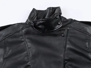 Close-up detail of black leather stand collar jacket, soft lychee texture fabric.