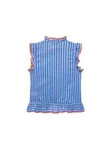 Blue striped sleeveless blouse with orange contrast ruffles, chic summer top for women.