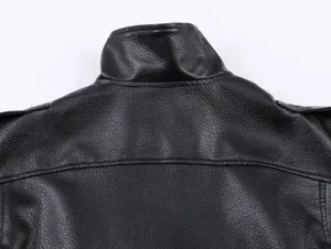 Detailed shot of the black stand collar litchi leather jacket back and collar design.