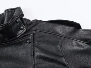 Close-up detail of women black faux leather jacket collar and button texture design style.