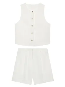Weisse Leinen Weste und Shorts Zweiteiler Set fuer Damen, Sommer aermelloses Outfit.