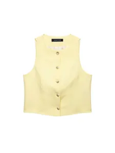 Elegante gelbe Leinenweste für Damen, ärmelloses, einreihiges Oberteil für den Sommer.