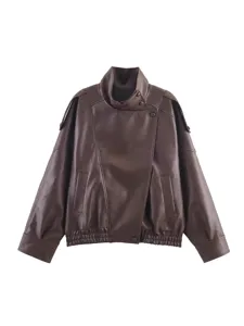 Women brown faux leather jacket casual streetwear stylish litchi grain outerwear autumn coat