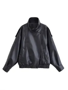 Black faux leather jacket for women, street style outerwear with double collar and litchi texture.
