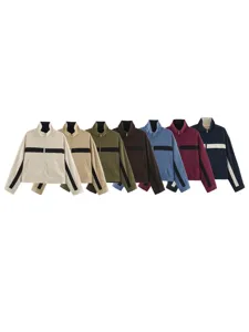 Women Fashion Stand Collar Color Block Zipper Jacket Casual Long Sleeve Outerwear Fall Winter Apparel Daily Wear