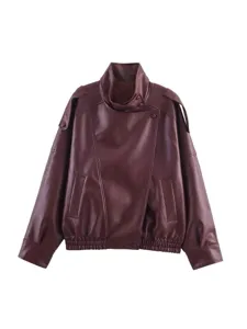 Women Faux Leather Jacket Casual Stand Collar Fall Streetwear Outerwear Burgundy Coat