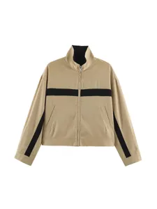 Women stand-up collar color-block zip jacket, casual chic outerwear for autumn and winter.
