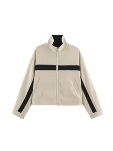 Stylish beige stand-collar zip-up jacket featuring bold black contrast stripes for women.
